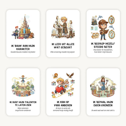 Flatlay van 6 kaarten in quirky whimsical stijl met affirmaties en subtekst voor schoolkinderen, kleurrijke en fantasierijke illustraties met afgeronde hoeken.