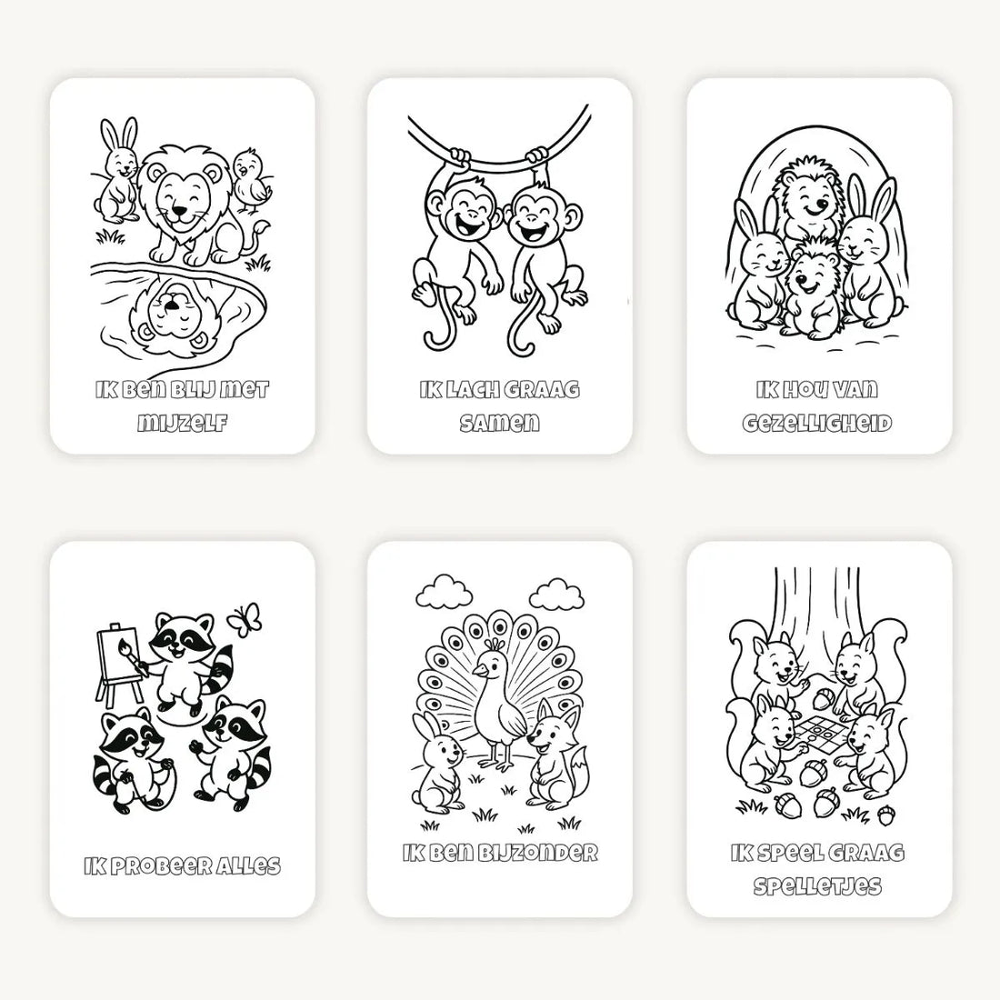 Flatlay van zes kleurplaten met bosdieren voor kleuters - schattige eenvoudige illustraties op witte achtergrond, overzichtelijk neergelegd voor jonge kinderen.