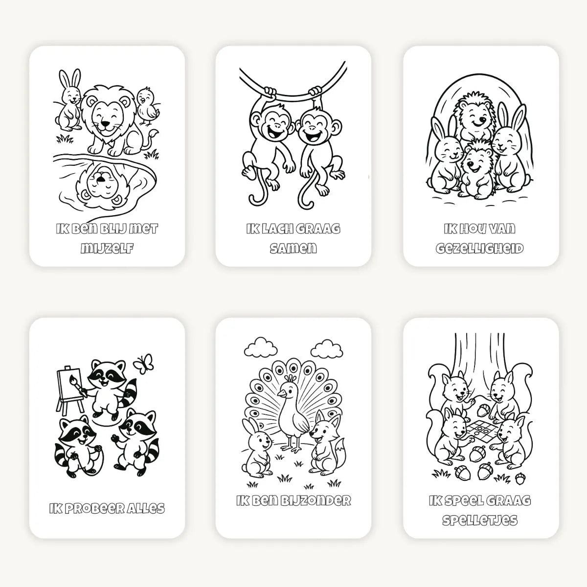 Flatlay van zes kleurplaten met bosdieren voor kleuters - schattige eenvoudige illustraties op witte achtergrond, overzichtelijk neergelegd voor jonge kinderen.