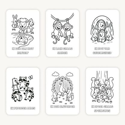 Flatlay van zes kleurplaten met bosdieren voor kleuters - schattige eenvoudige illustraties op witte achtergrond, overzichtelijk neergelegd voor jonge kinderen.