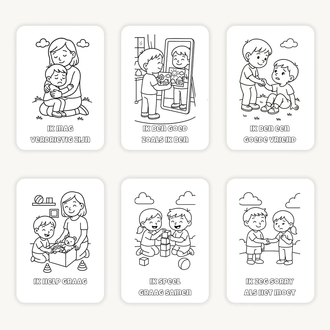 Flatlay van zes kleurplaten met kinderen voor kleuters - schattige eenvoudige illustraties op witte achtergrond, overzichtelijk neergelegd voor jonge kinderen.