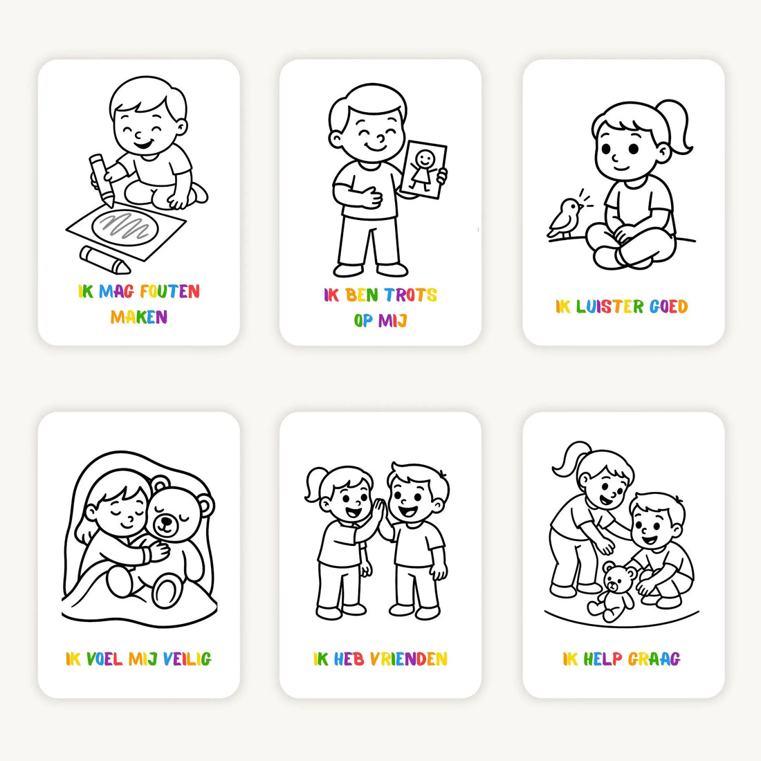 Flatlay van zes kleurplaten met kinderen voor pleuters - schattige eenvoudige illustraties op witte achtergrond, overzichtelijk neergelegd voor jonge kinderen-1