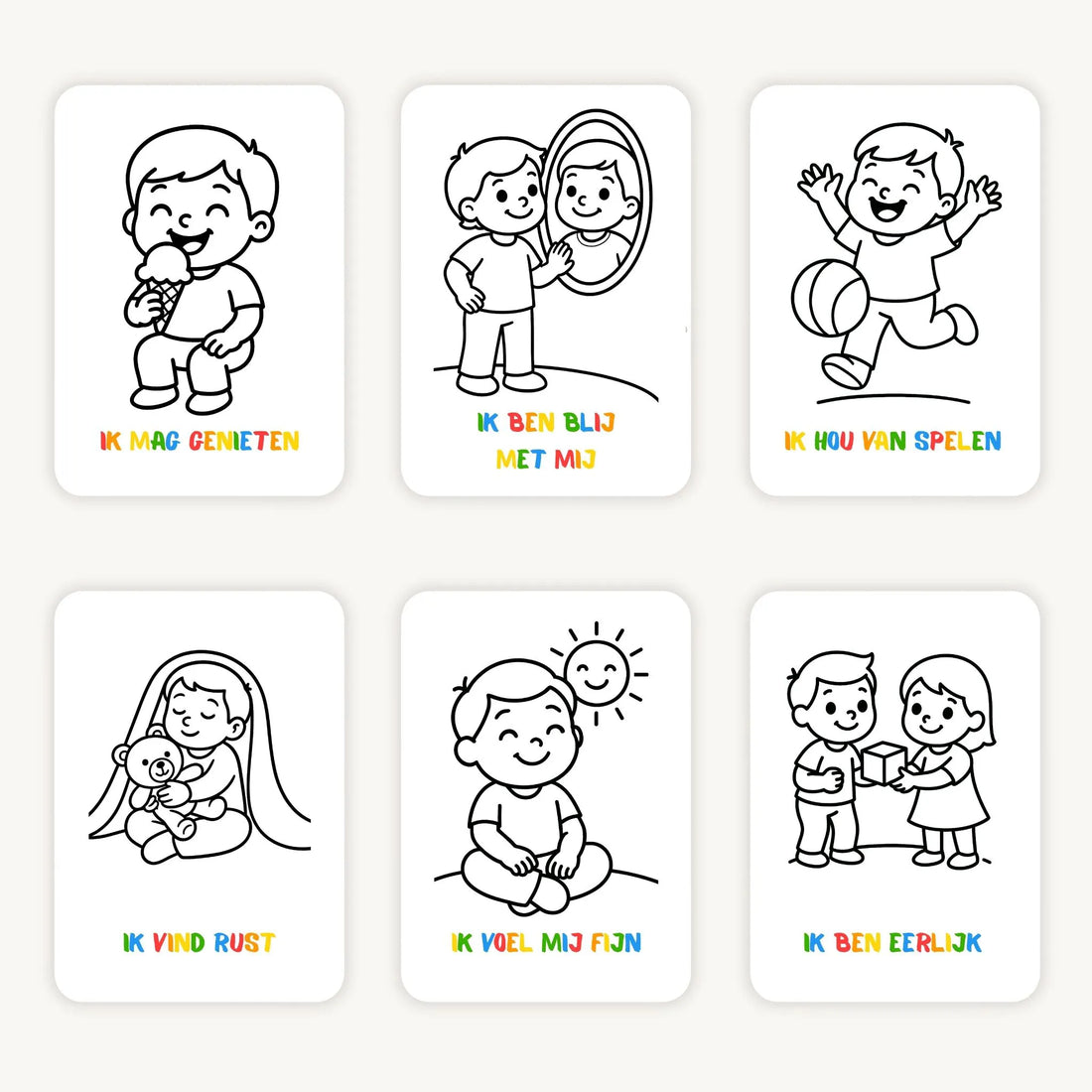 Flatlay van zes kleurplaten met kinderen voor pleuters - schattige eenvoudige illustraties op witte achtergrond, overzichtelijk neergelegd voor jonge kinderen-2