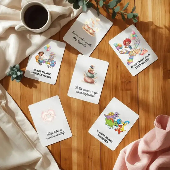 Flatlay van 6  A7- affirmatiekaarten met afgeronde hoeken op een houten tafel, kaarten in portretformaat liggen deels overlappend in een natuurlijke compositie, warme huiselijke sfeer met koffie, plantje en zacht textiel, natuurlijke ochtendbelichting en rustige beige- en crèmetinten.