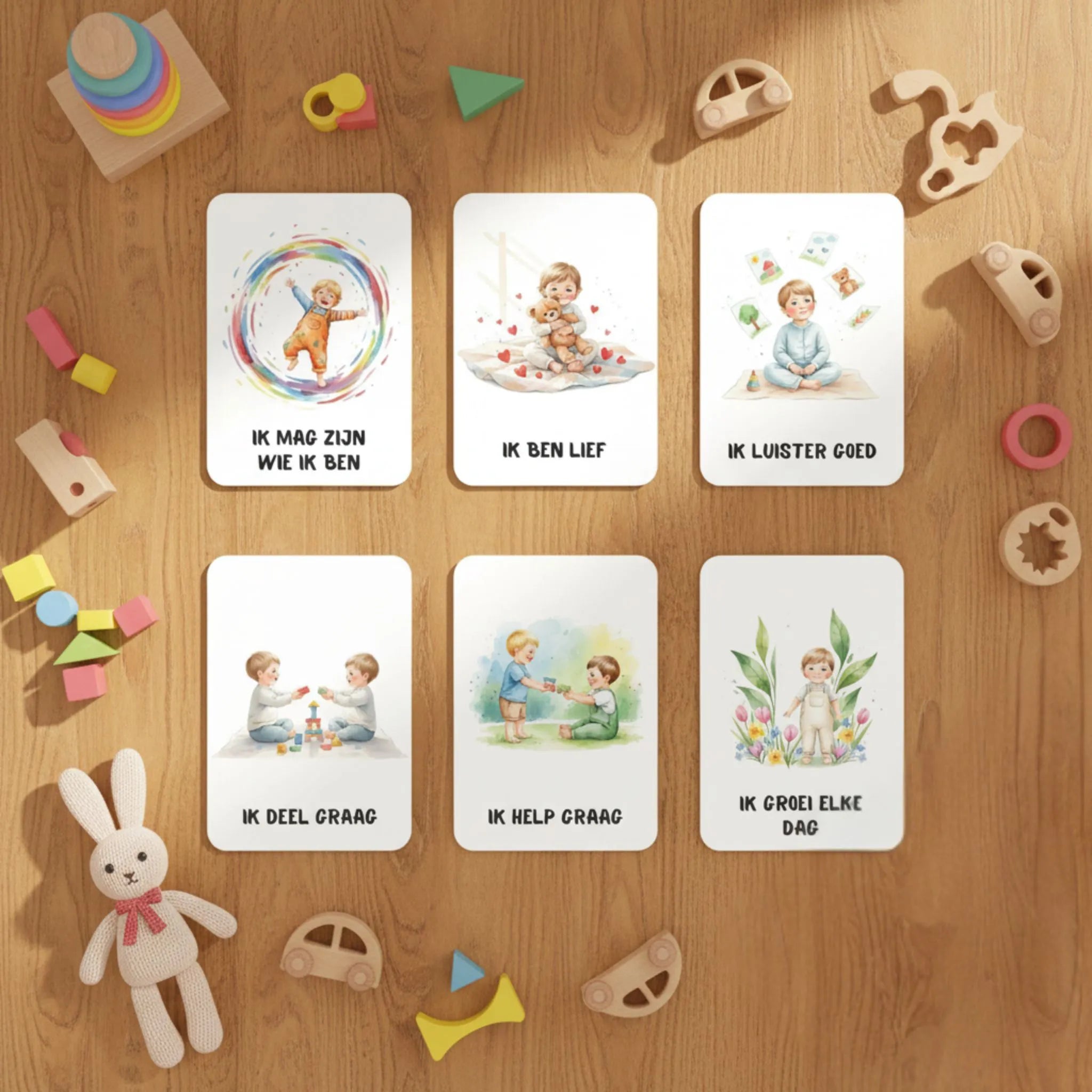 flatly van 6 affirmatiekaarten voor kleuters voor de over ons pagina