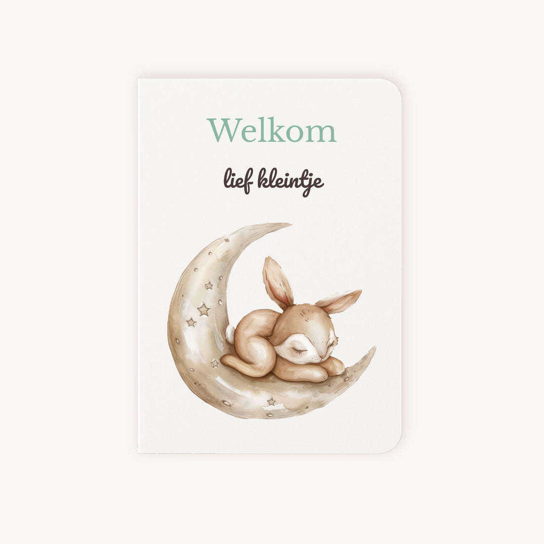 Aquarel geboortekaart konijn slapend op maan met tekst welkom lief kleintje