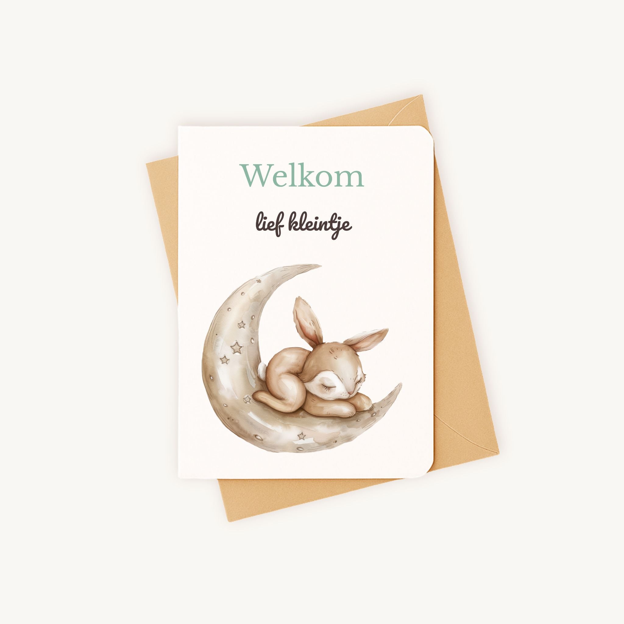 Geboortekaart konijn liggend op kraft envelop klaar voor verzending