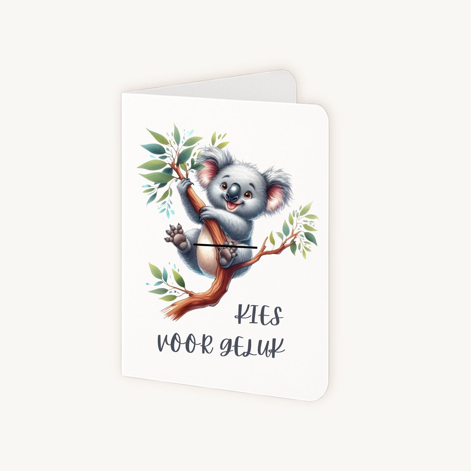 Half geopende gelukskaart koala toont binnenkant voor eigen tekst