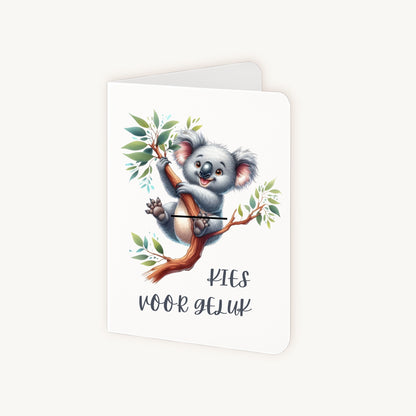 Half geopende gelukskaart koala toont binnenkant voor eigen tekst