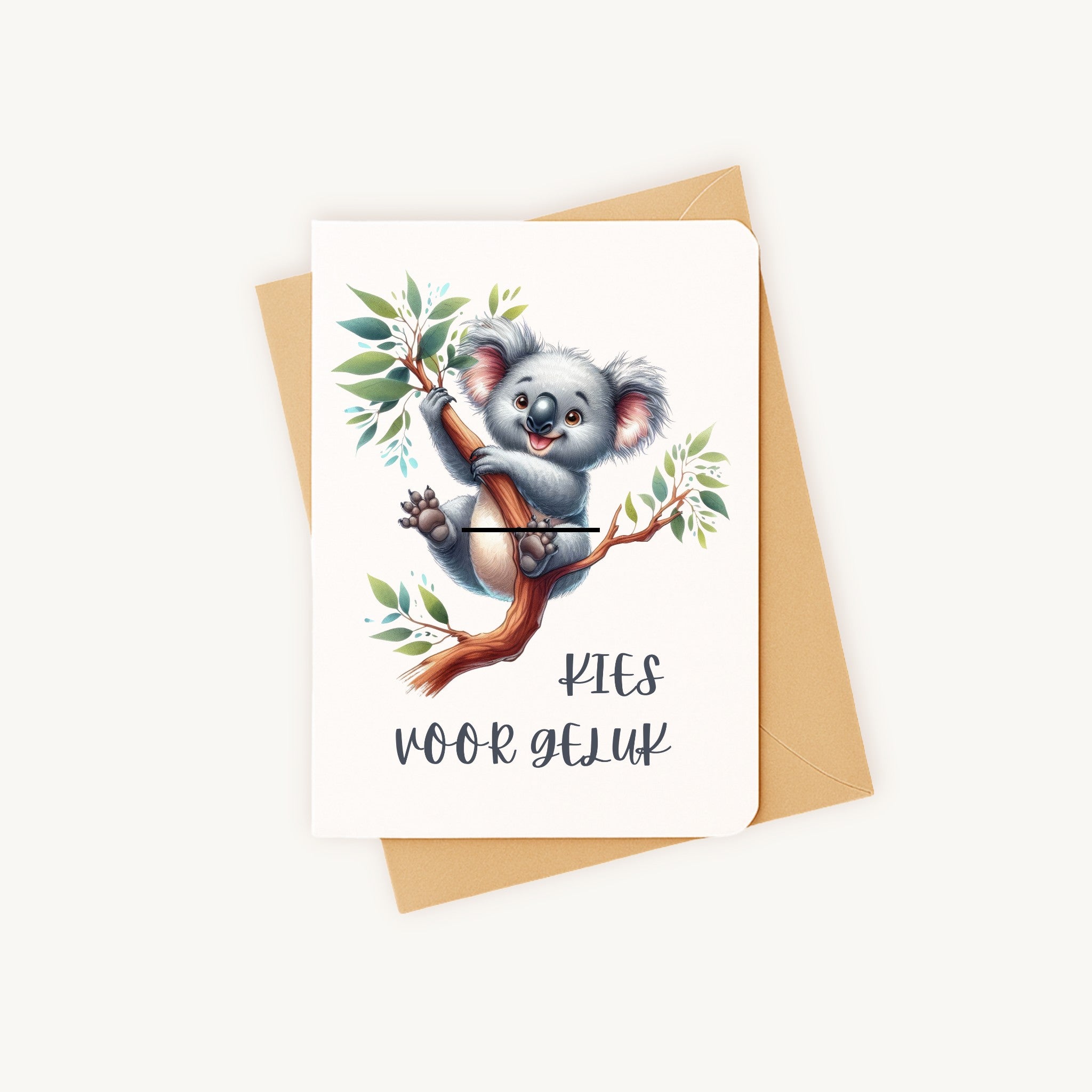 Gelukskaart koala liggend naast bijpassende kraft envelop