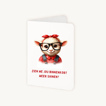 Dubbelgevouwen grappige kaart schaapje half geopend