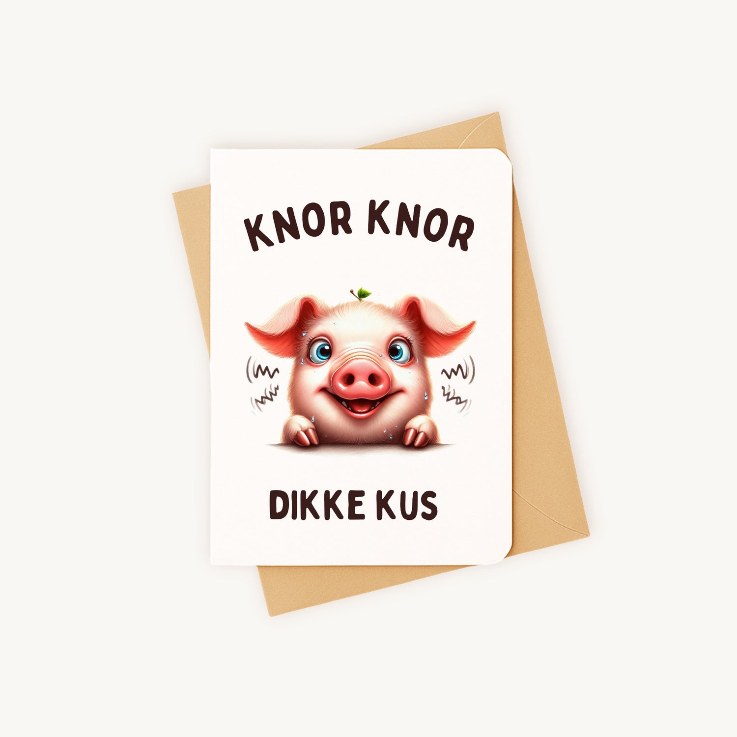 Grappige kaart varkentje liggend met kraftenvelop, klaar voor verzending