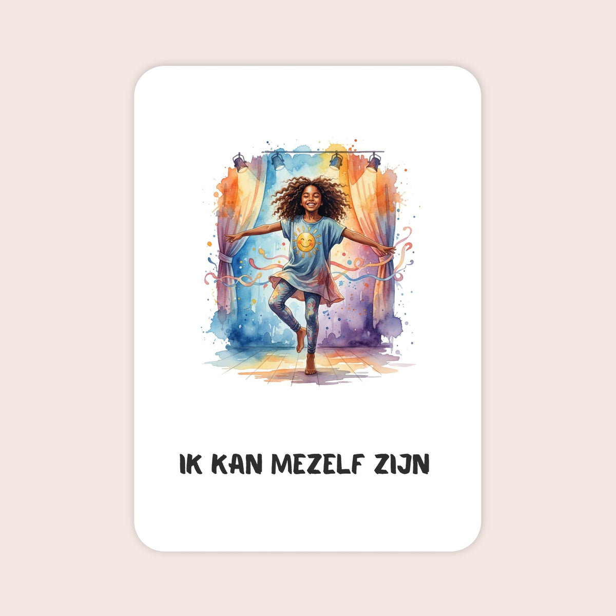 Affirmatiekaart in aquarel uit de set Groeikracht voor schoolkinderen met de tekst: ‘Ik kan mezelf zijn’