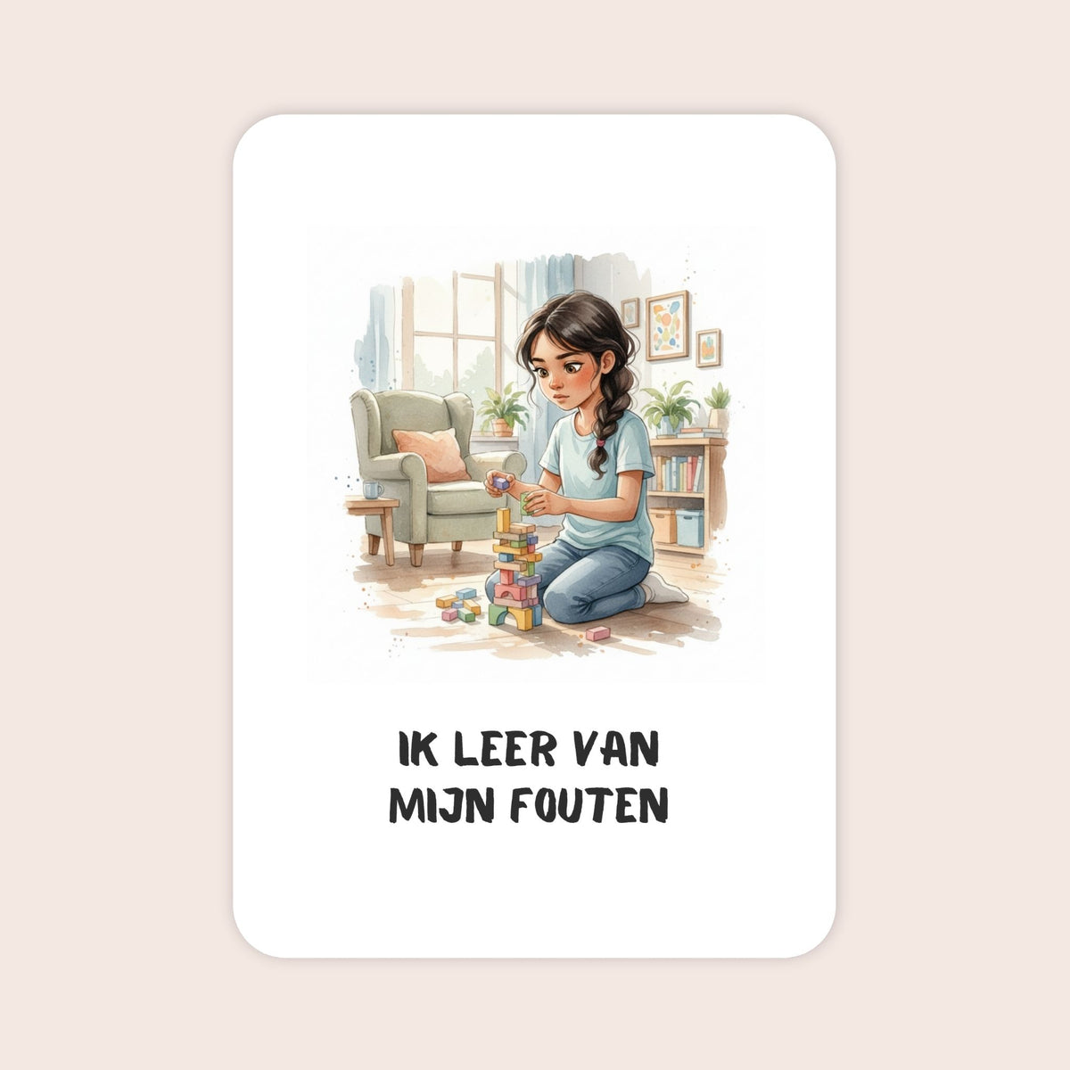 Affirmatiekaart in aquarel uit de set Groeikracht voor schoolkinderen met de tekst: ‘Ik leer van mijn fouten’