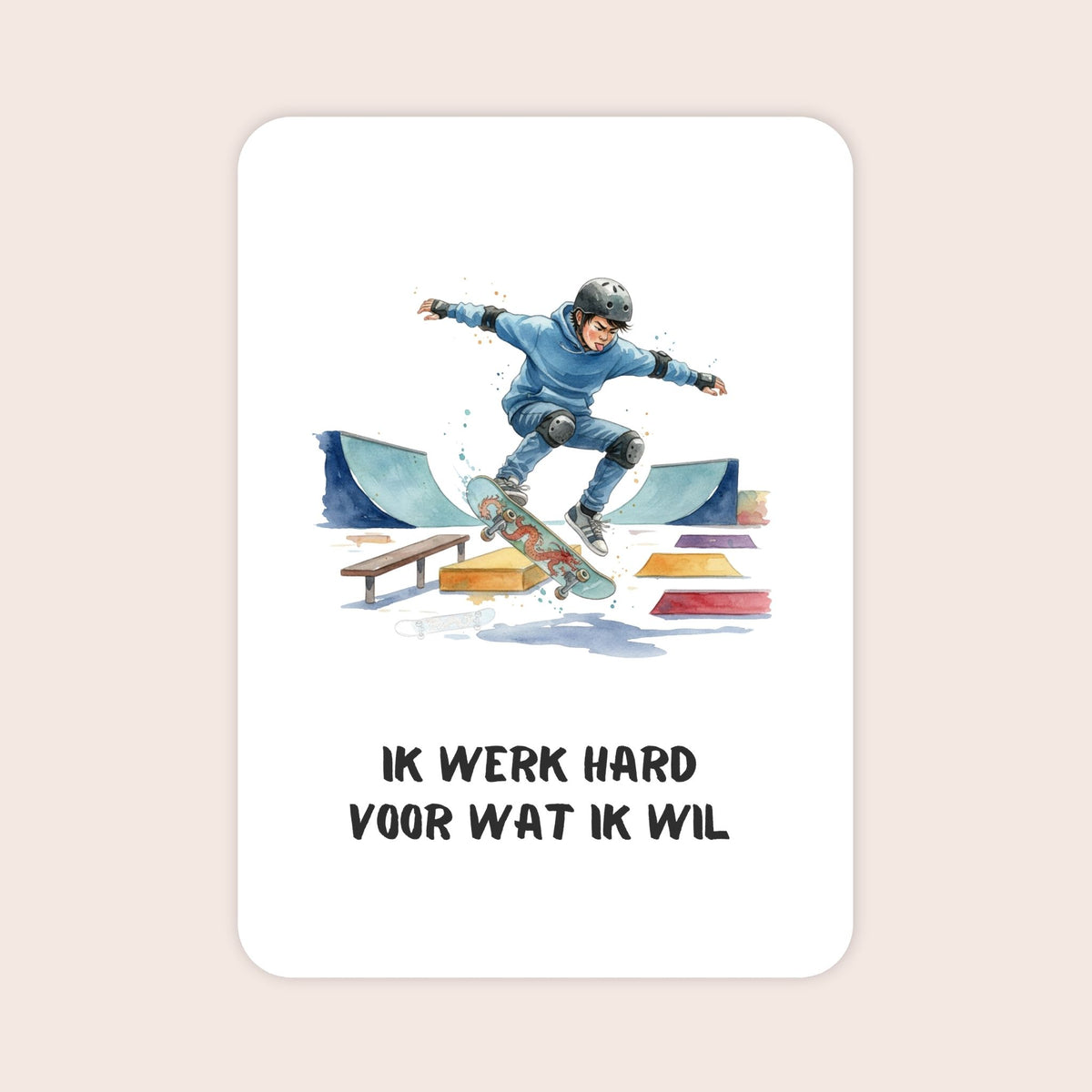 Affirmatiekaart in aquarel uit de set Groeikracht voor schoolkinderen met de tekst: ‘Ik werk had voor wat ik wil’