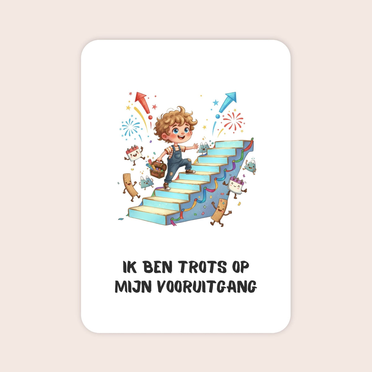 Affirmatiekaart in quirky stijl uit de set Groeikracht voor schoolkinderen met de tekst: ‘Ik ben trots op mijn vooruitgang’