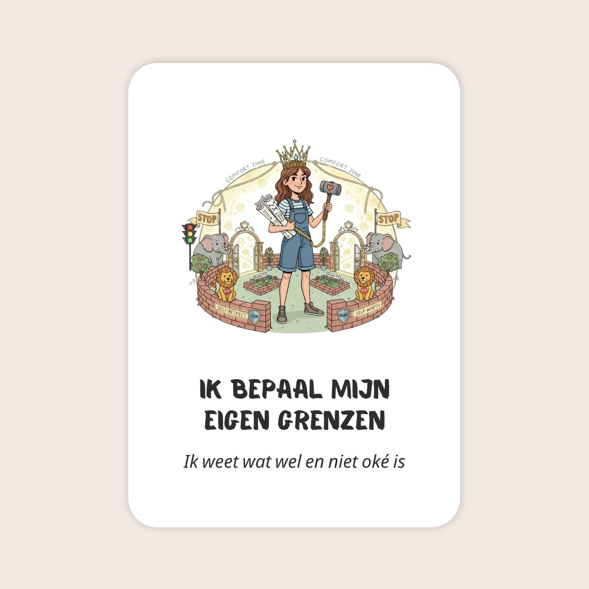 Affirmatiekaart in quirky stijl uit de set Groeikracht voor schoolkinderen met de tekst: ‘Ik bepaal mijn eigen grenzen’ en daaronder: ‘Ik weet wat wel en niet oké is’