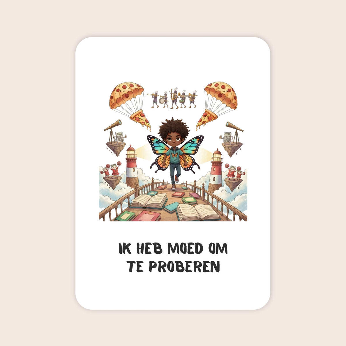 Affirmatiekaart in quirky stijl uit de set Groeikracht voor schoolkinderen met de tekst: ‘Ik heb moed om te proberen’