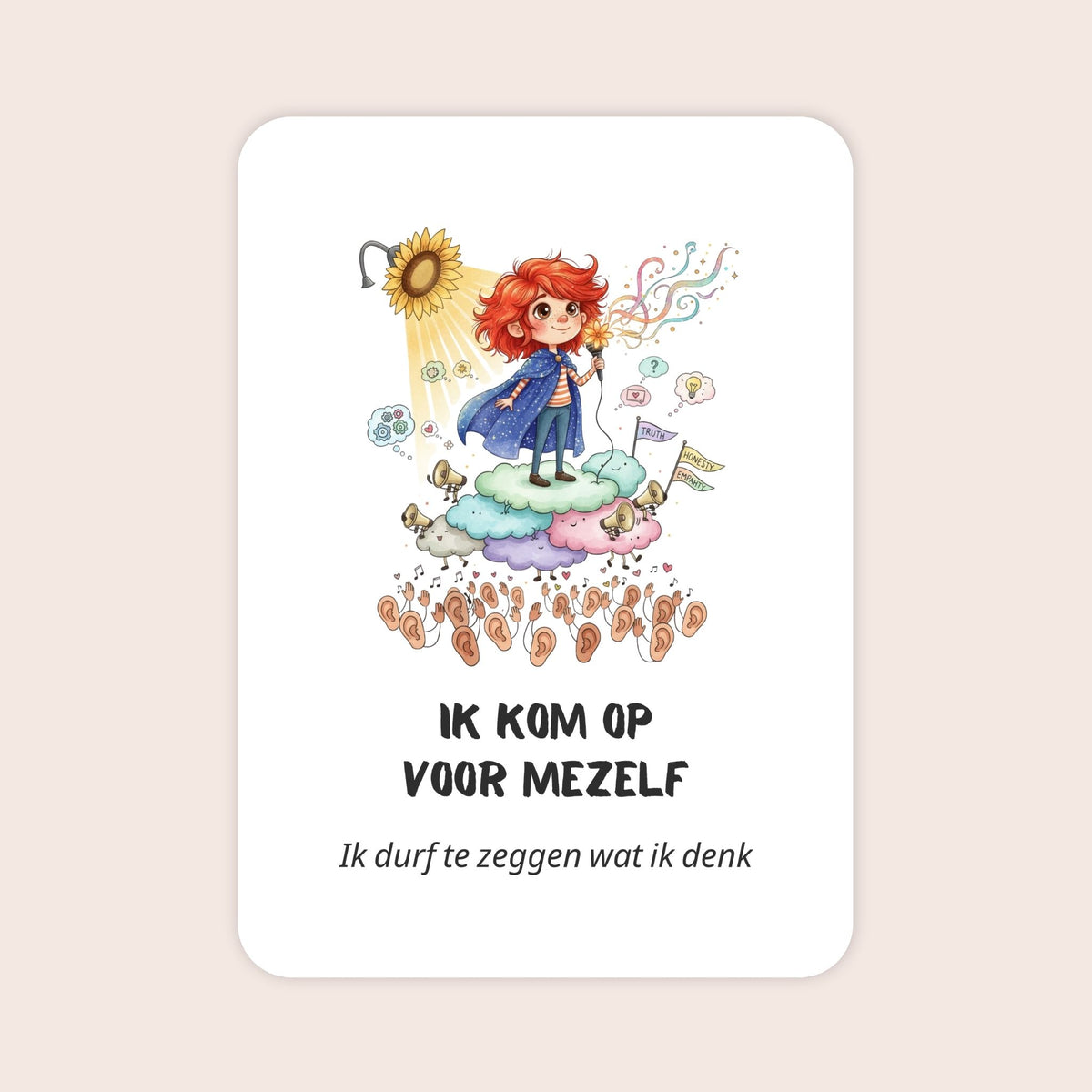 Affirmatiekaart in quirky stijl uit de set Groeikracht voor schoolkinderen met de tekst: ‘Ik kom op voor mezelf’ en daaronder: ‘Ik durf te zeggen wat ik denk’