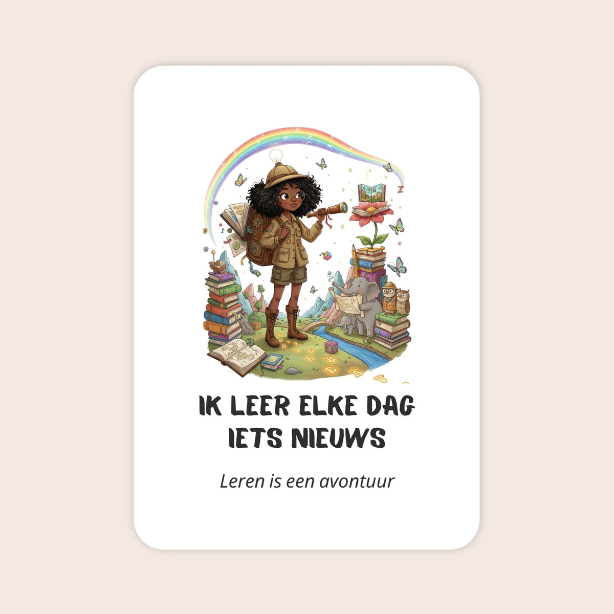 Affirmatiekaart in quirky stijl uit de set Groeikracht voor schoolkinderen met de tekst: ‘Ik leer elke dag iets nieuws’ en daaronder: ‘Leren is een avontuur’