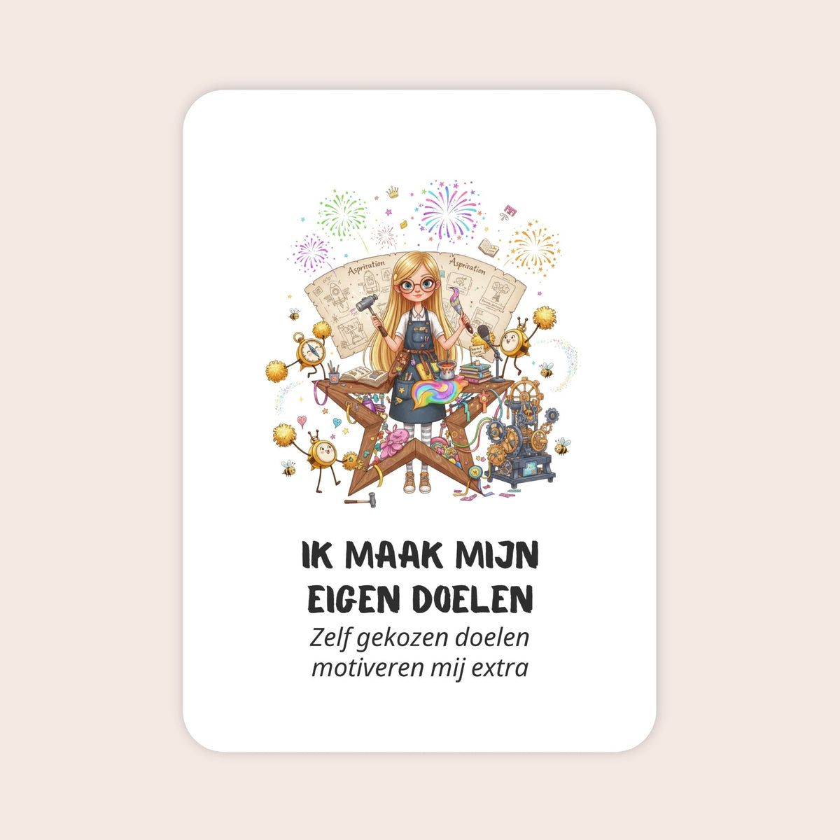 Affirmatiekaart in quirky stijl uit de set Groeikracht voor schoolkinderen met de tekst: ‘Ik maak mijn eigen doelen’ en daaronder: ‘Zelf gekozen doelen motiveren mij extra’