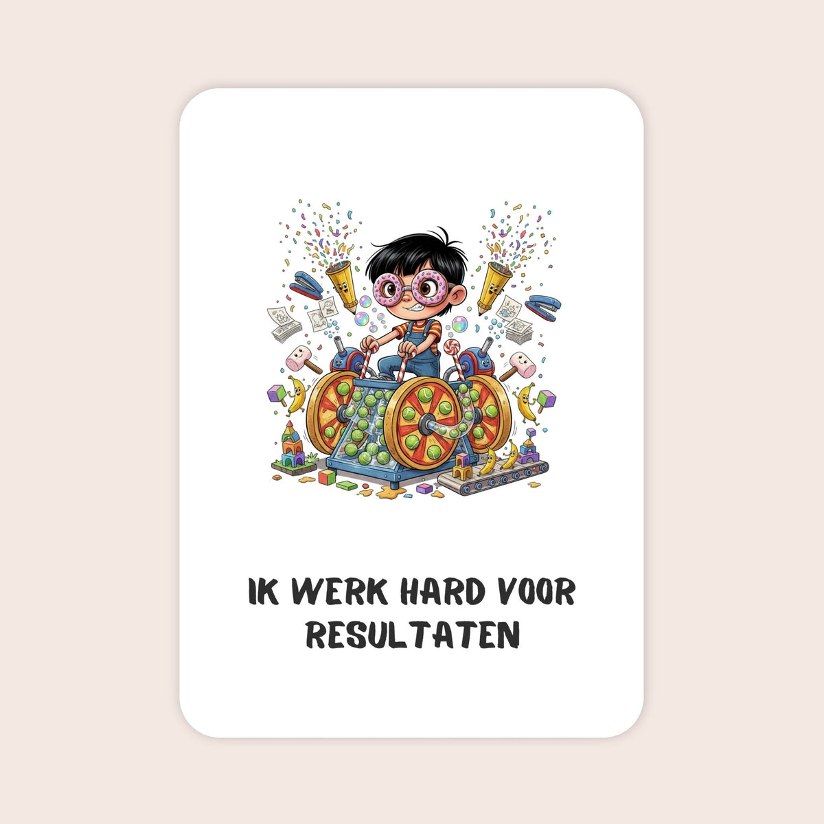 Affirmatiekaart in quirky stijl uit de set Groeikracht voor schoolkinderen met de tekst: ‘Ik werk hard voor resultaten’