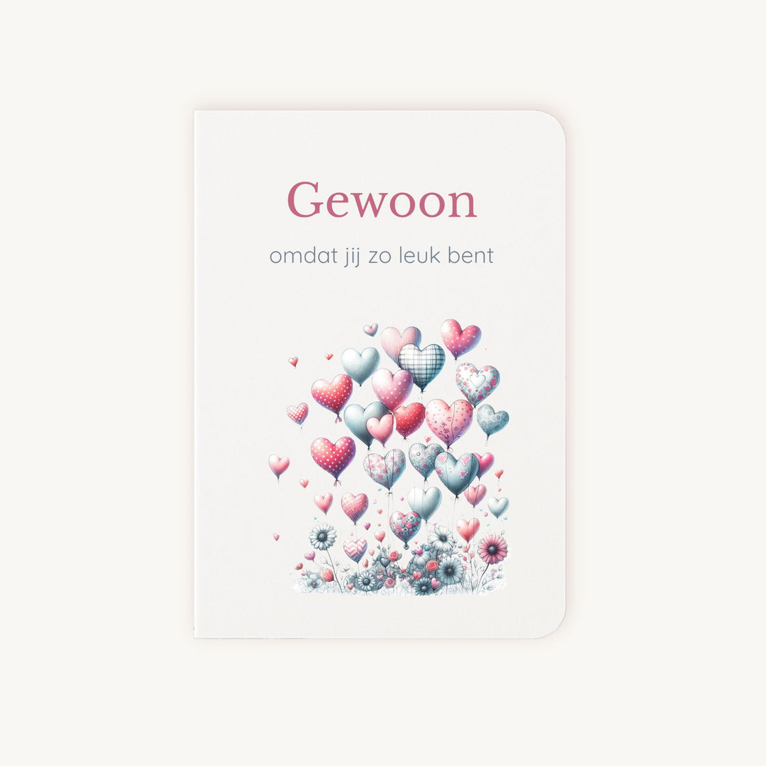 Voorkant hartjeskaart aquarel met ballonhartjes en tekst gewoon omdat jij zo leuk bent