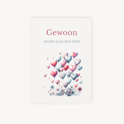 Voorkant hartjeskaart aquarel met ballonhartjes en tekst gewoon omdat jij zo leuk bent