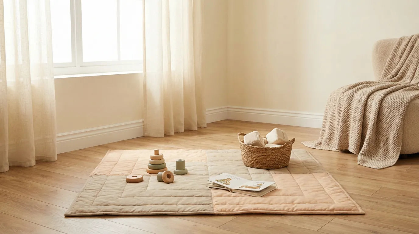 Hero-afbeelding voor de collectie Peuters (2-4 jaar) Spelend Begin met een zachte, eenvoudige speelomgeving en rustige kleuren passend bij jonge peuters