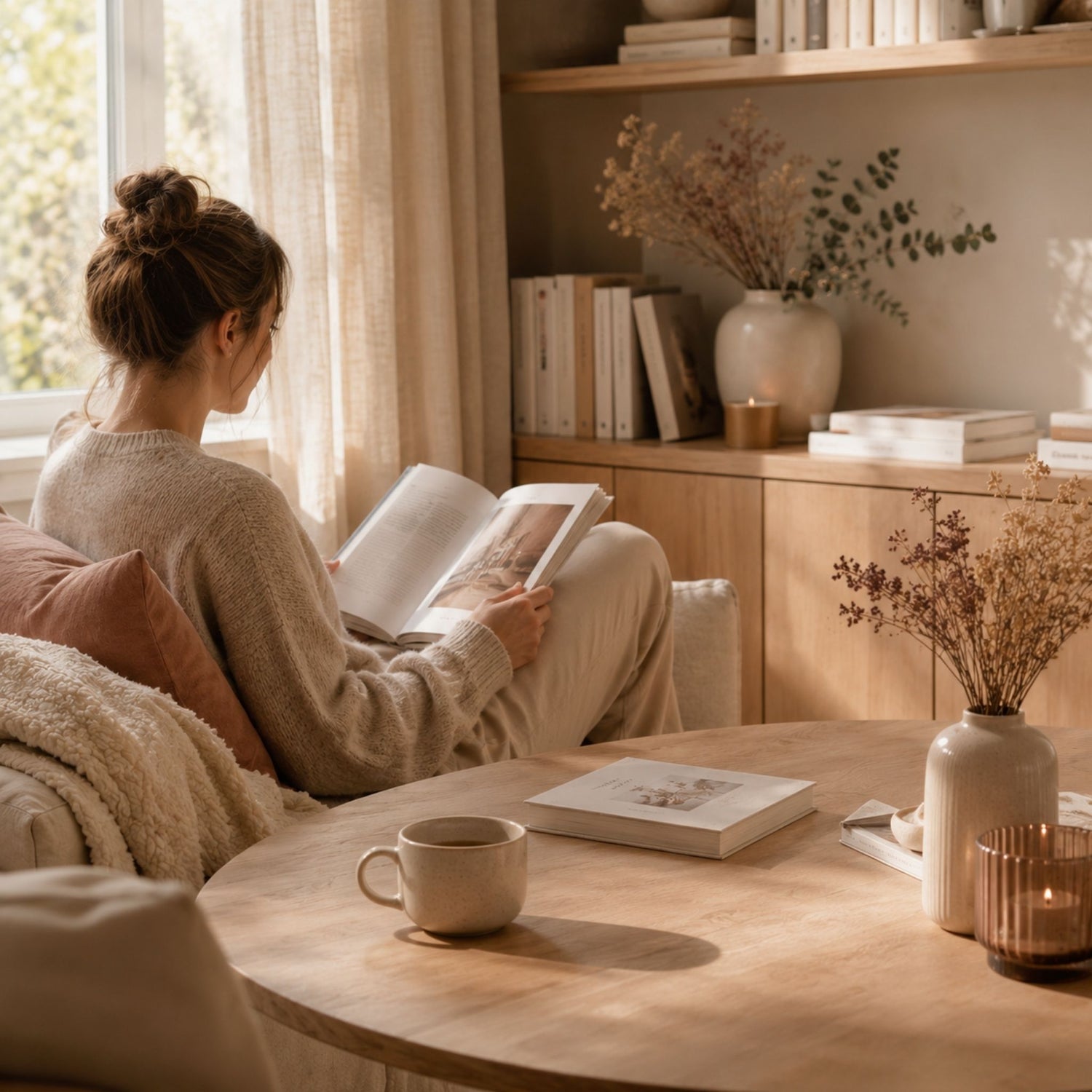 Persoon die in een warme, rustige woonkamer ontspannen inspiratie opdoet met een boek in natuurlijk daglicht.