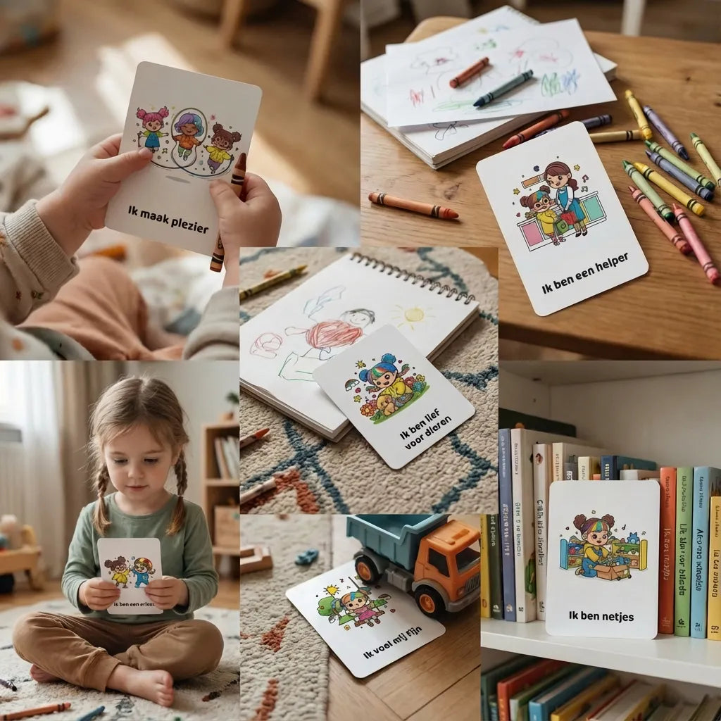 Collage van A7 kawaii regenboog affirmatiekaarten voor peuters meisjes, gericht op schattige zelfvertrouwen boost