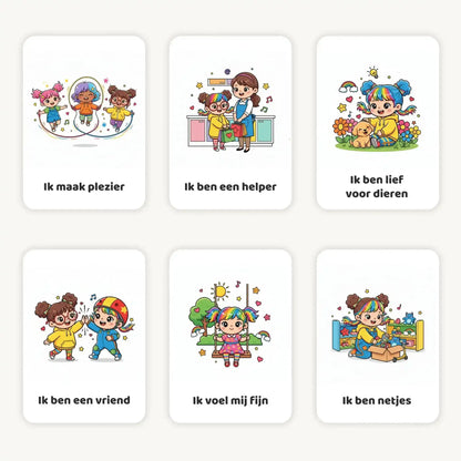 Flatlay van zes A7 kawaii regenboog affirmatiekaarten voor peuters meisjes op lichte achtergrond