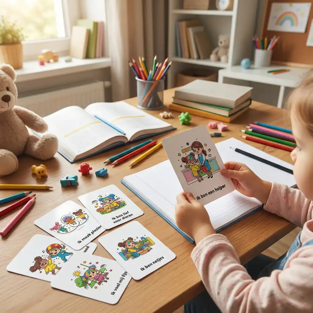 Peuters meisje dat A7 kawaii regenboog affirmatiekaart vasthoudt en bekijkt, gericht op zelfvertrou