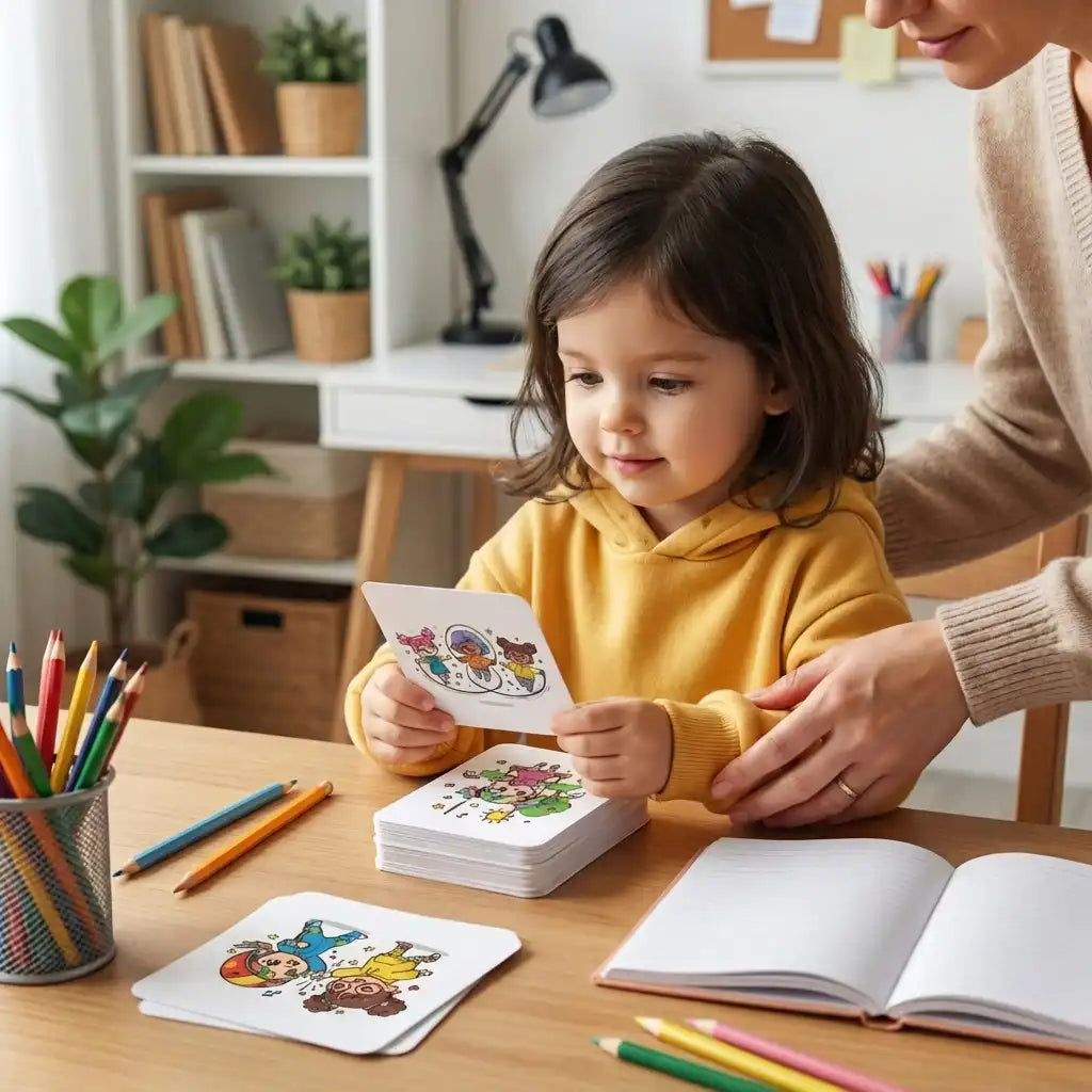Ouder begeleidt peutermeisje bij het gebruik van A7 kawaii regenboog affirmatiekaarten voor zelfvertrouwen