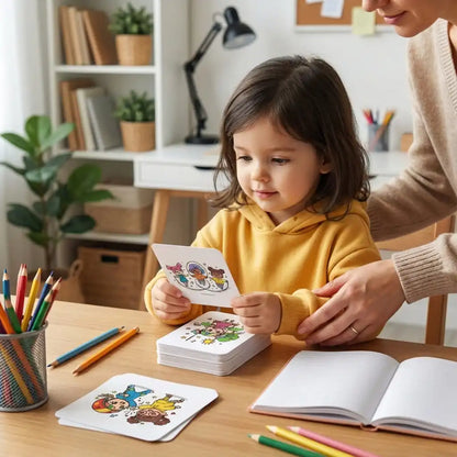 Ouder begeleidt peutermeisje bij het gebruik van A7 kawaii regenboog affirmatiekaarten voor zelfvertrouwen
