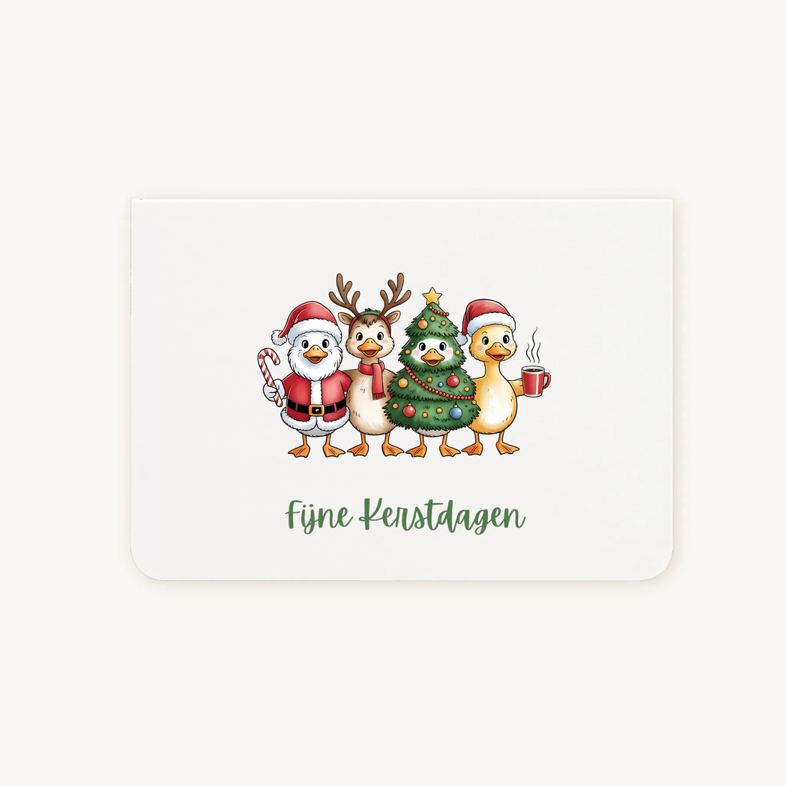 Liggende dubbelgevouwen kerstkaart met vier verklede kerst-eenden in watercolorstijl en sierlijke tekst ‘Fijne Kerstdagen’, flatlay op lichte achtergrond.