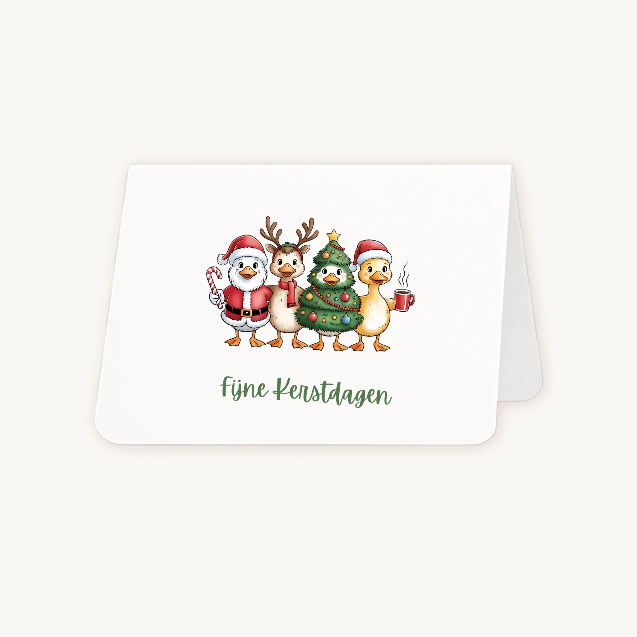 Liggende kerstkaart half geopend met vier feestelijke eenden in aquarel en sierlijke kersttekst.