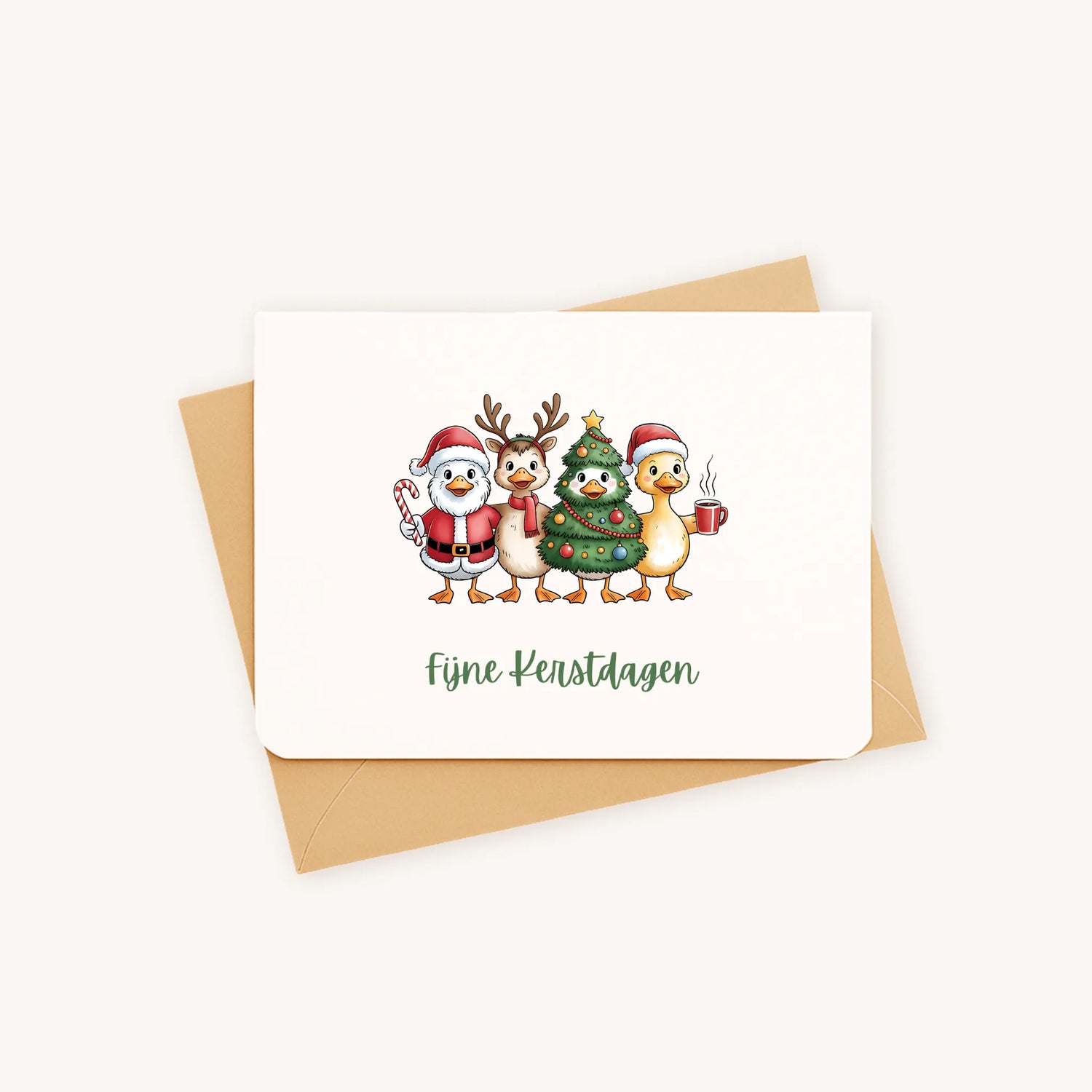 Liggende kerstkaart met vier kerst-eenden in aquarelstijl op een kraftenvelop, vrolijk en feestelijk ontwerp.