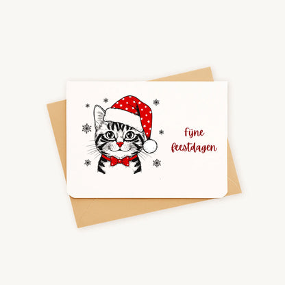 Liggende kerstkaart met kerstkat in watercolorstijl op een kraftenvelop.