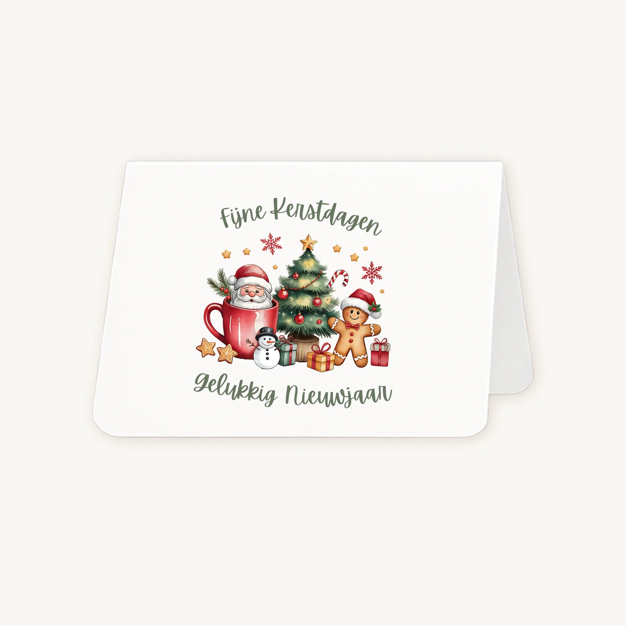 Liggende kerstkaart half geopend met kleurrijke aquarel kerstscène en feestelijke teksten.