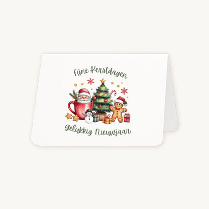 Liggende kerstkaart half geopend met kleurrijke aquarel kerstscène en feestelijke teksten.