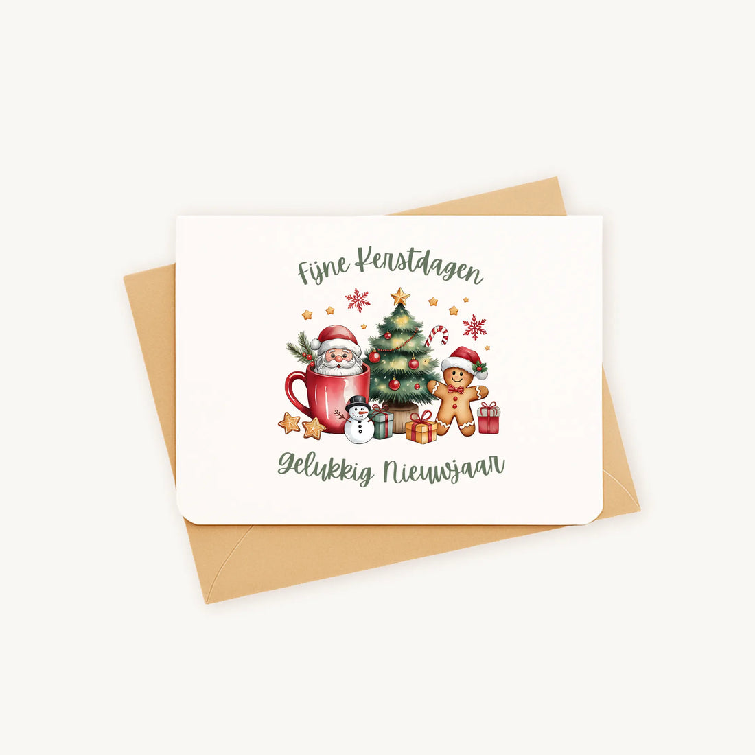 Liggende kerstkaart met uitgebreide kerstillustratie op kraftenvelop, warme feestelijke sfeer.