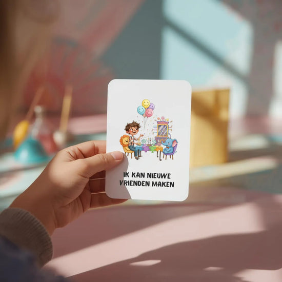 Kinderhand (6–10 jaar) houdt een kleurrijke affirmatiekaart in A7-portretformaat met afgeronde hoeken vast – zachte natuurlijke belichting, rustige pasteltinten in roze, blauw en geel, speelse maar kalme sfeer, focus op de kaart en de hand.