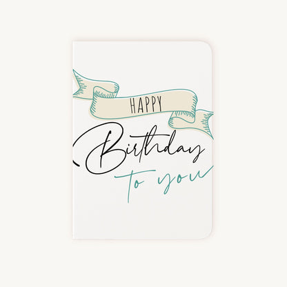 Klassieke verjaardagskaart voorkant met Happy Birthday to You tekst in banner