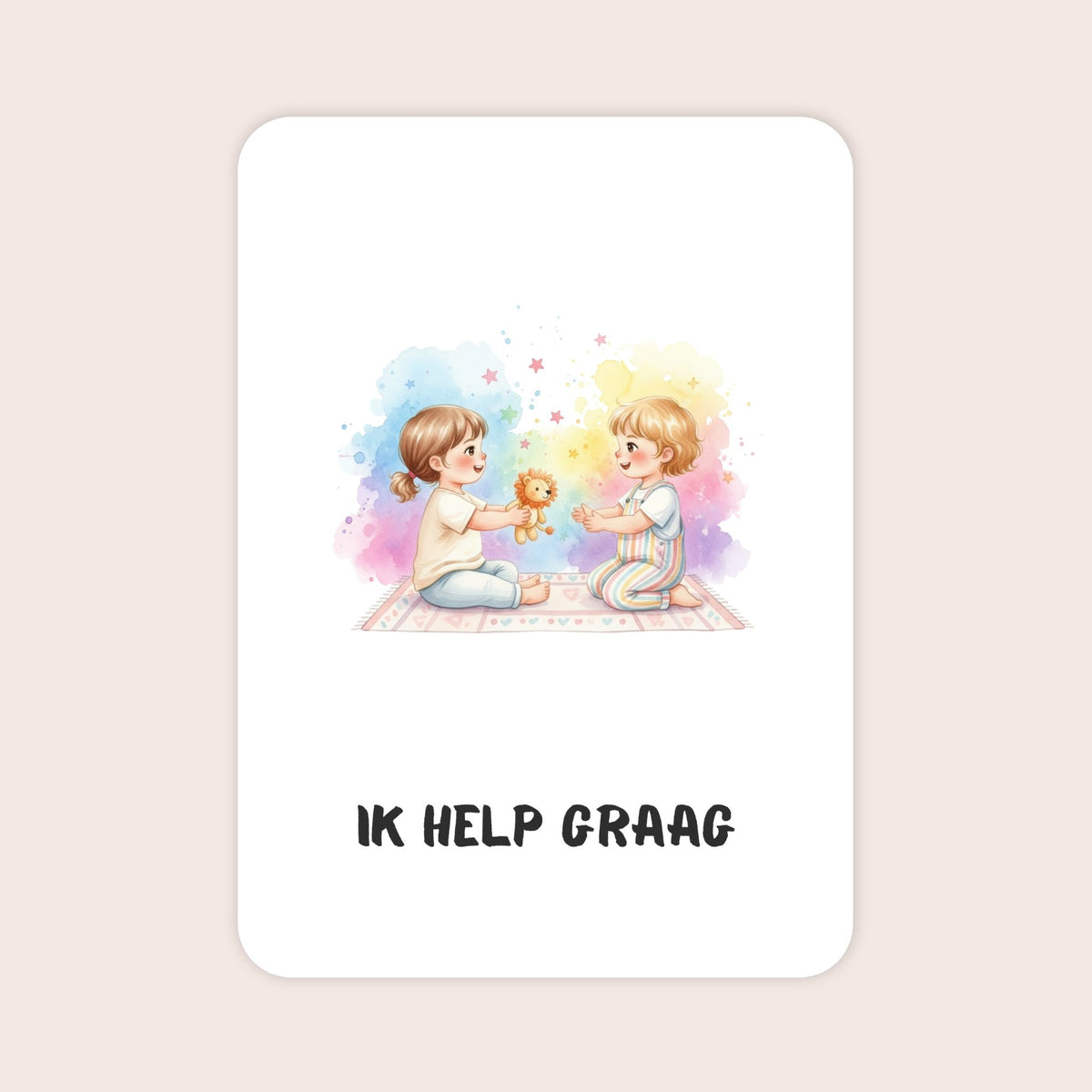 Affirmatiekaart uit de set Kleine ontdekkers voor peuters met de tekst: ‘Ik help graag’