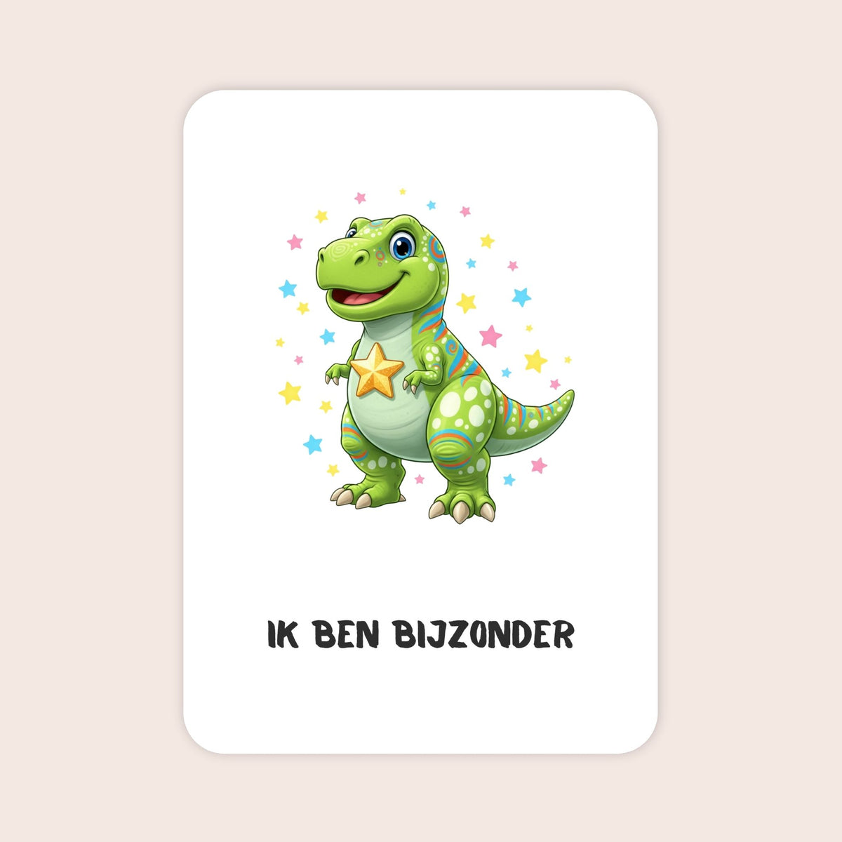 Affirmatiekaart met dinosaurus uit de set Kleine wonderen voor kleuters met de tekst: ‘Ik ben bijzonder’