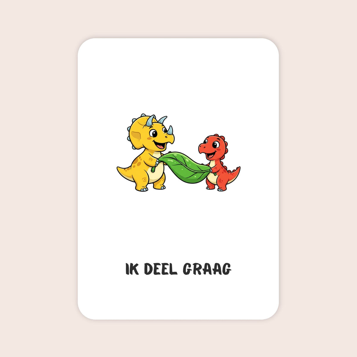 Affirmatiekaart met dinosaurus uit de set Kleine wonderen voor kleuters met de tekst: ‘Ik deel graag’