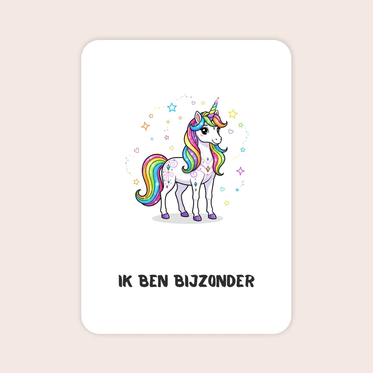 Affirmatiekaart met eenhoorn uit de set Kleine wonderen voor kleuters met de tekst: ‘Ik ben bijzonder’