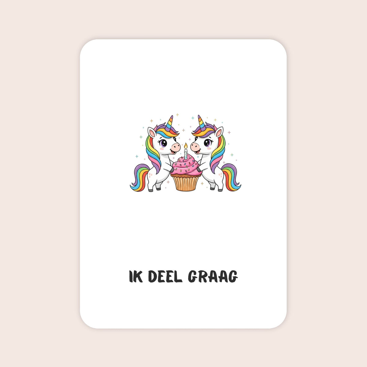 Affirmatiekaart met eenhoorn uit de set Kleine wonderen voor kleuters met de tekst: ‘Ik deel graag’