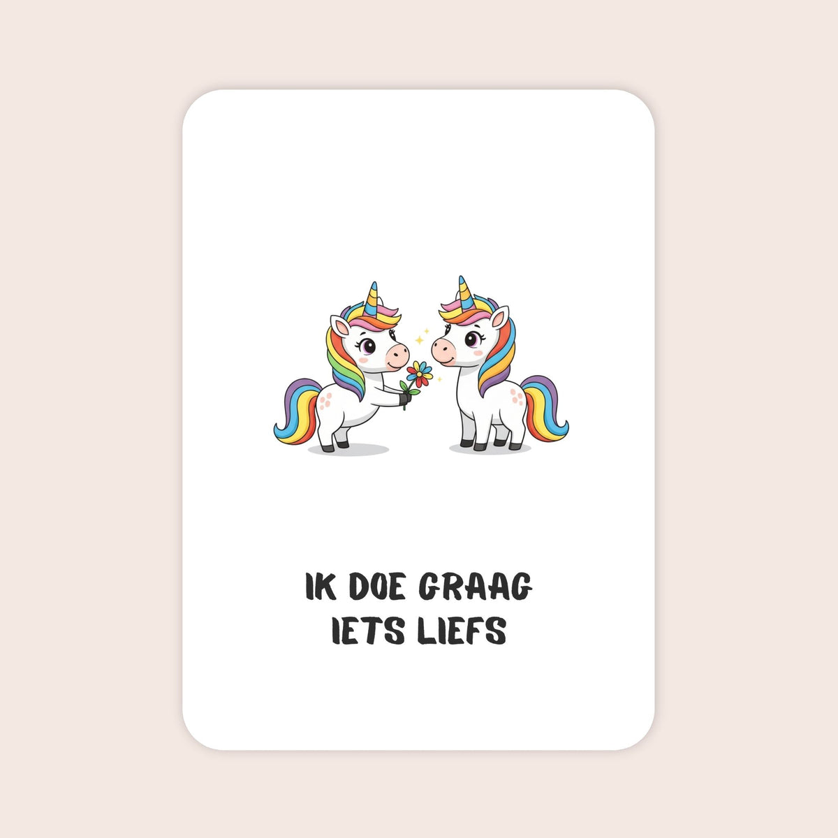 Affirmatiekaart met eenhoorn uit de set Kleine wonderen voor kleuters met de tekst: ‘Ik doe graag iets liefs’